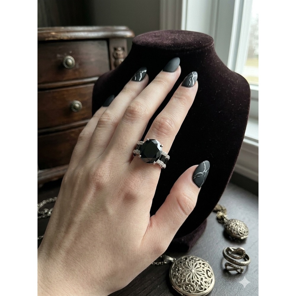 Gothic Black Spinel Sterling Ring Edwardian Style Silver Cocktail Ring Size9